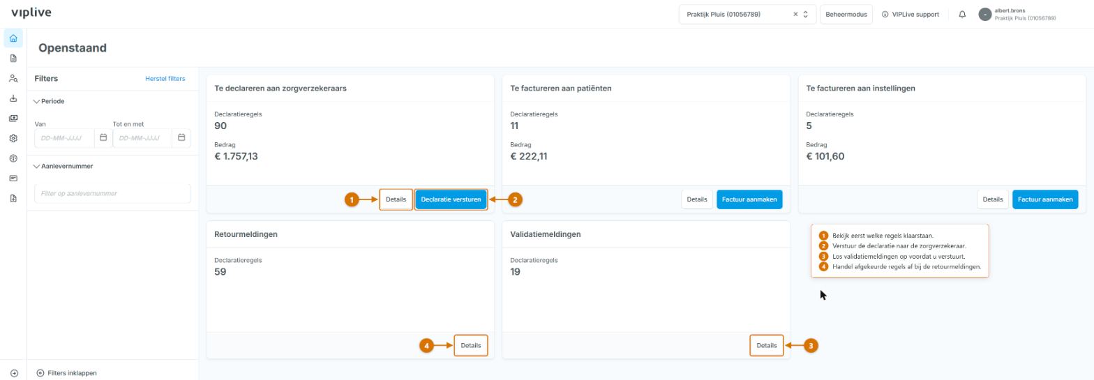 De pagina Openstaand met de vijf tegels en de knoppen Details en Declaratie versturen