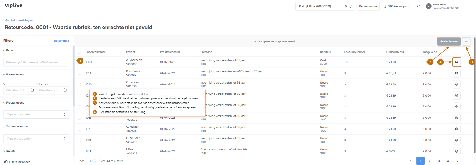 Het detailoverzicht van een retourcode met de declaratieregels en de bedragen gedeclareerd en toegekend