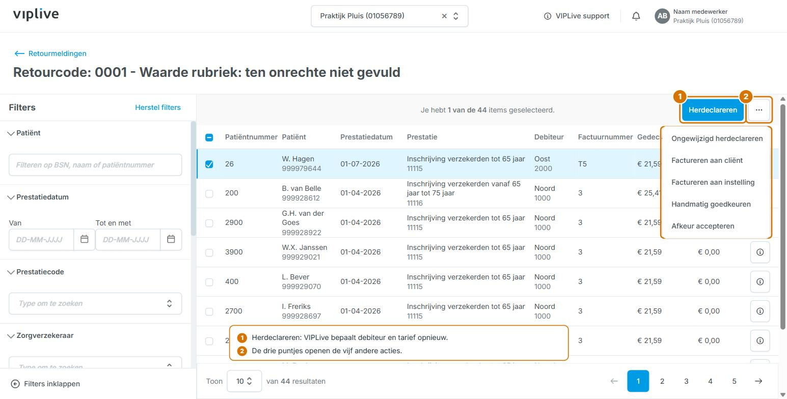 Het detailoverzicht van een retourcode met de knop Herdeclareren en het geopende menu met de vijf andere acties