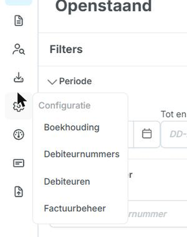 Het menu Configuratie met Boekhouding, Debiteurnummers, Debiteuren en Factuurbeheer